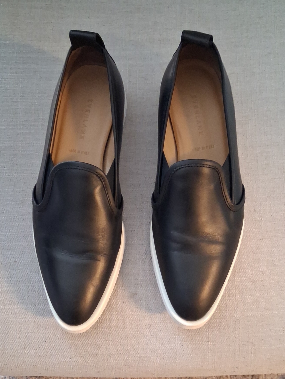 Everlane Black Leather Slip-On Loafers with White Sole